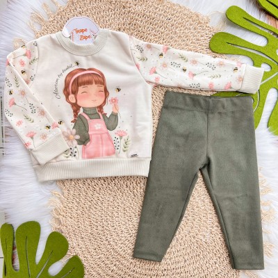 Conj. Blusa Manga Longa Garotinha Alecrim e Calça Legging de Camurça - Areia e Verde Oliva 